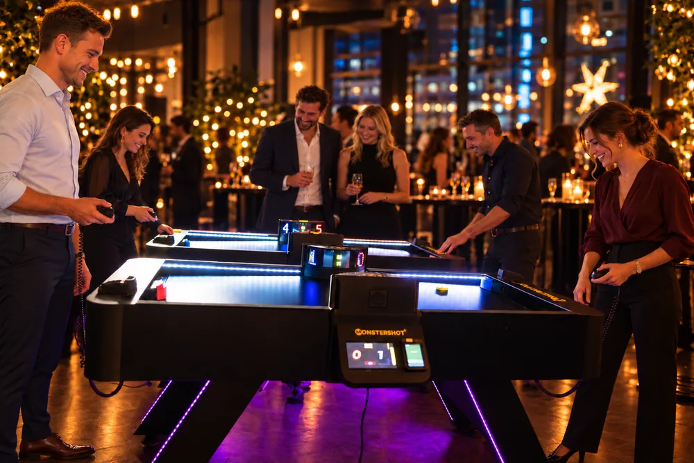 Gäste einer Firmenfeier spielen an zwei Monstershot®-Spieltischen