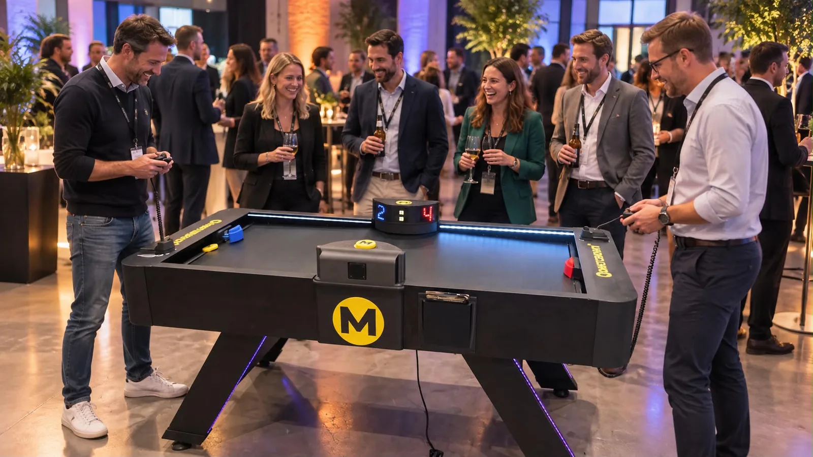 Zwei Spieler mit Controllern am Monstershot®-Spieltisch auf einem Business-Event, Gäste mit Getränken schauen lachend zu