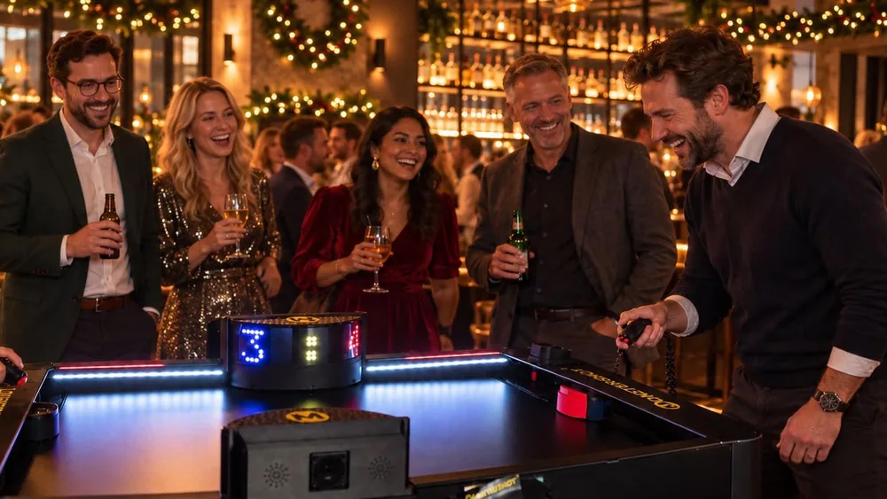 Kolleginnen und Kollegen jubeln am Monstershot®-Spieltisch, während einer mit dem Controller spielt