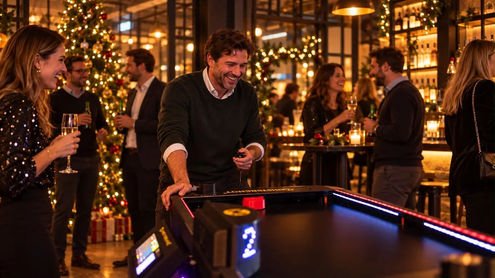 Ein Gast spielt bei einer Weihnachtsfeier am Monstershot®-Spieltisch, im Hintergrund ein Weihnachtsbaum