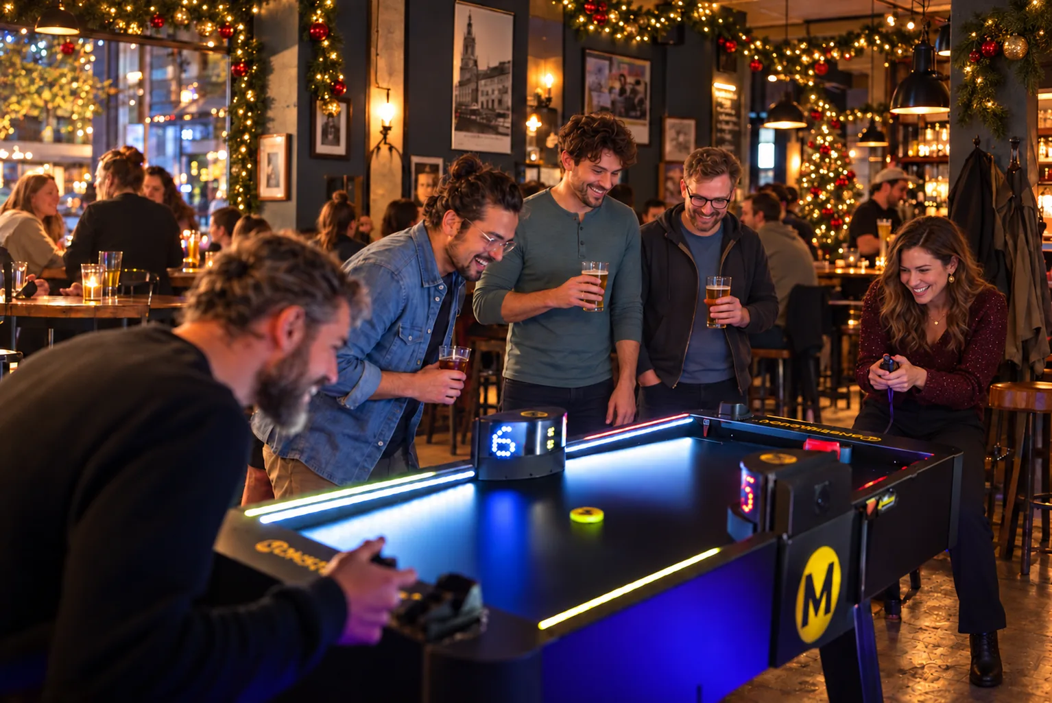 Gruppe spielt und fiebert an einem Monstershot®-Spieltisch in einer weihnachtlich geschmückten Bar mit