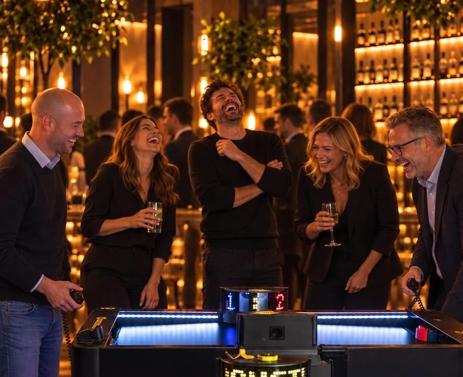 Kolleginnen und Kollegen lachen mit Getränken in der Hand am Monstershot®-Spieltisch in einer Bar