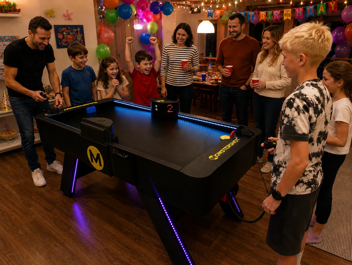 Monstershot®-Spieltisch auf einem Kindergeburtstag, ein Junge jubelt mit erhobenen Armen, Familie und Kinder am Tisch