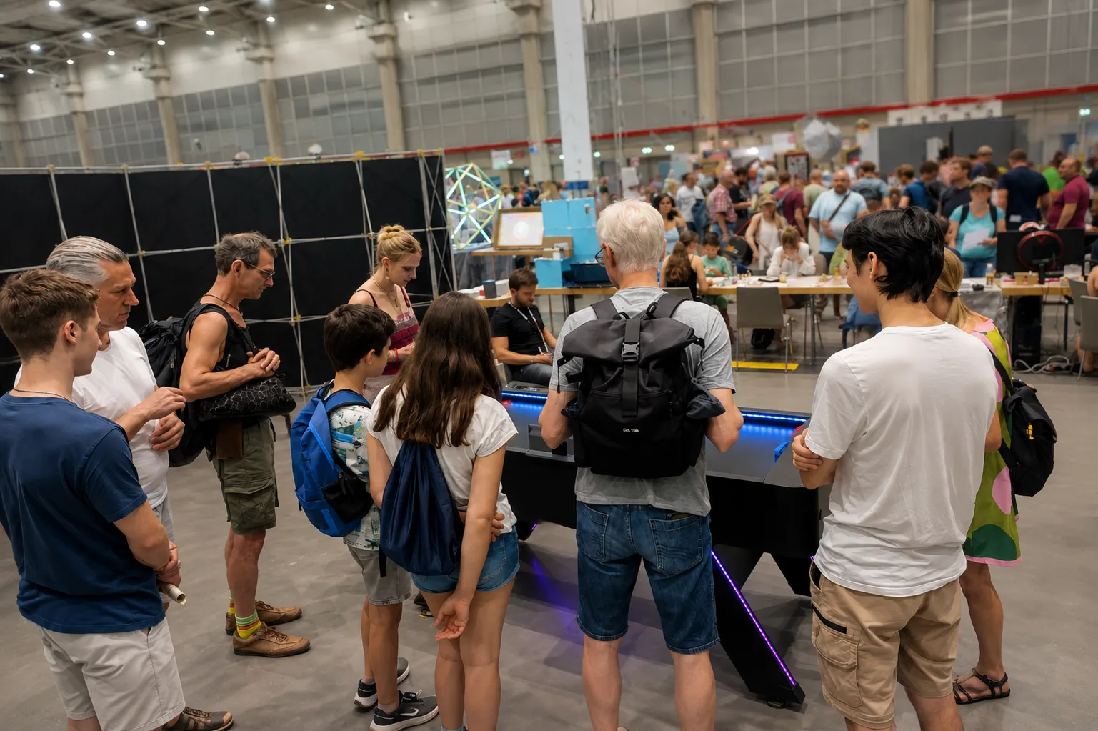 Monstershot®-Spieltisch auf der Maker Faire, Besucher spielen und schauen zu