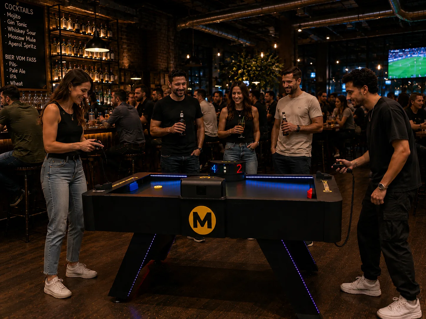Gäste spielen Monstershot® in einer Bar, Zuschauer verfolgen das Spiel