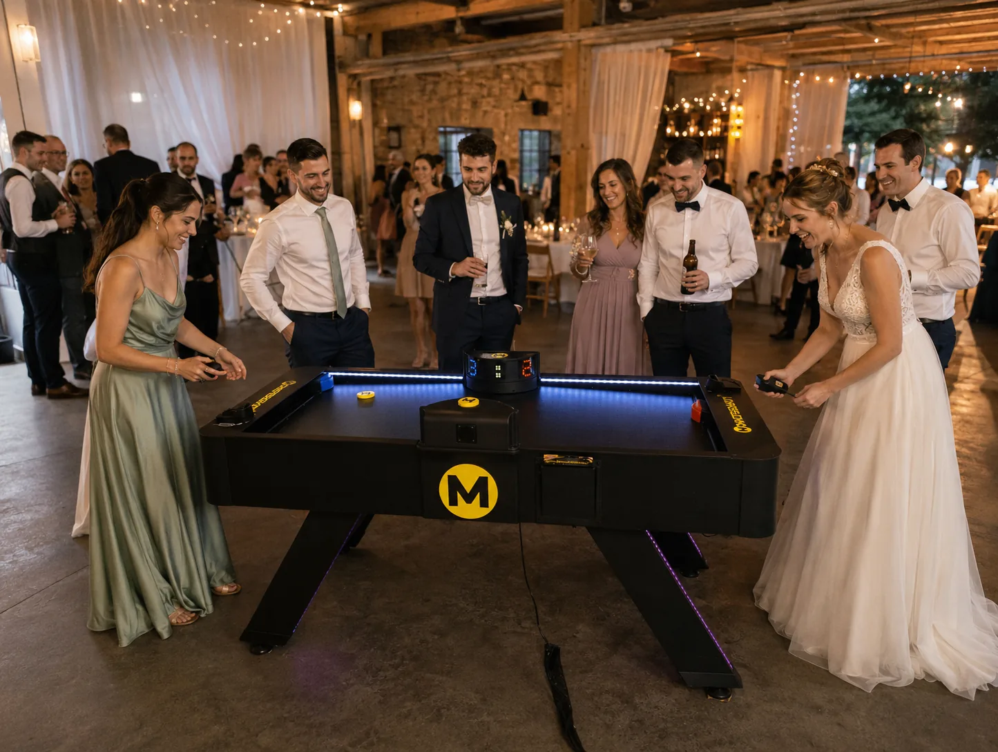 Monstershot®-Spieltisch auf einer Hochzeitsfeier, Braut spielt vor jubelnden Gästen