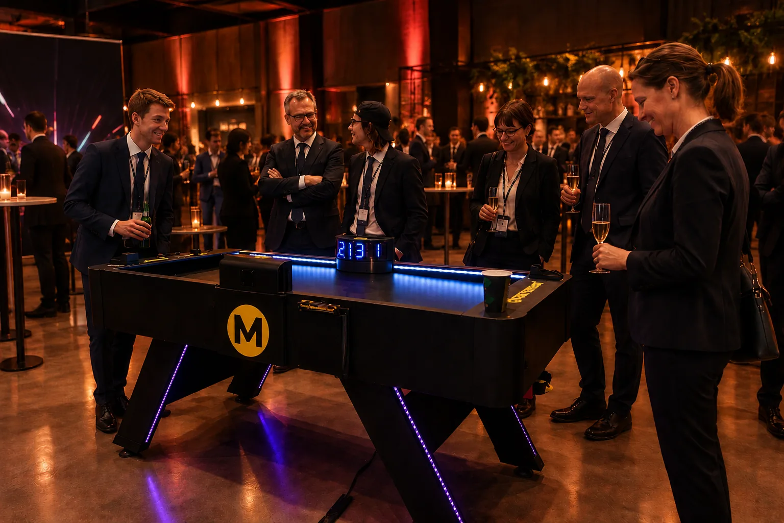 Monstershot®-Spieltisch auf einer Firmenfeier, Gäste in Abendgarderobe schauen zu