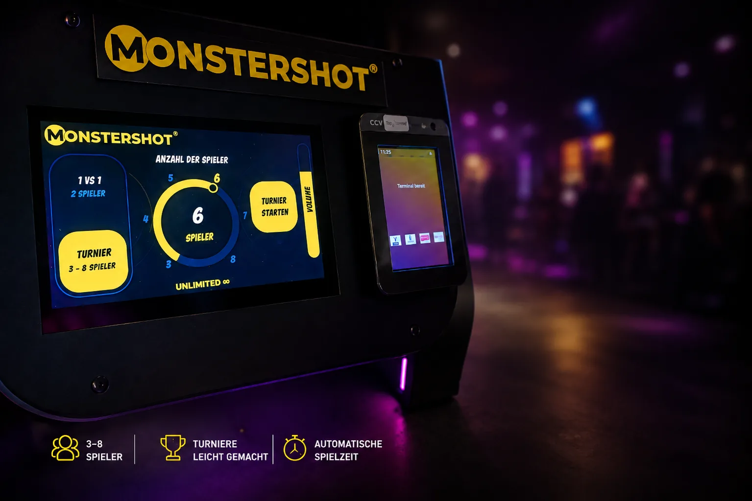 Monstershot®-Touchscreen mit Turniermodus-Auswahl für 3–8 Spieler und Bezahlterminal