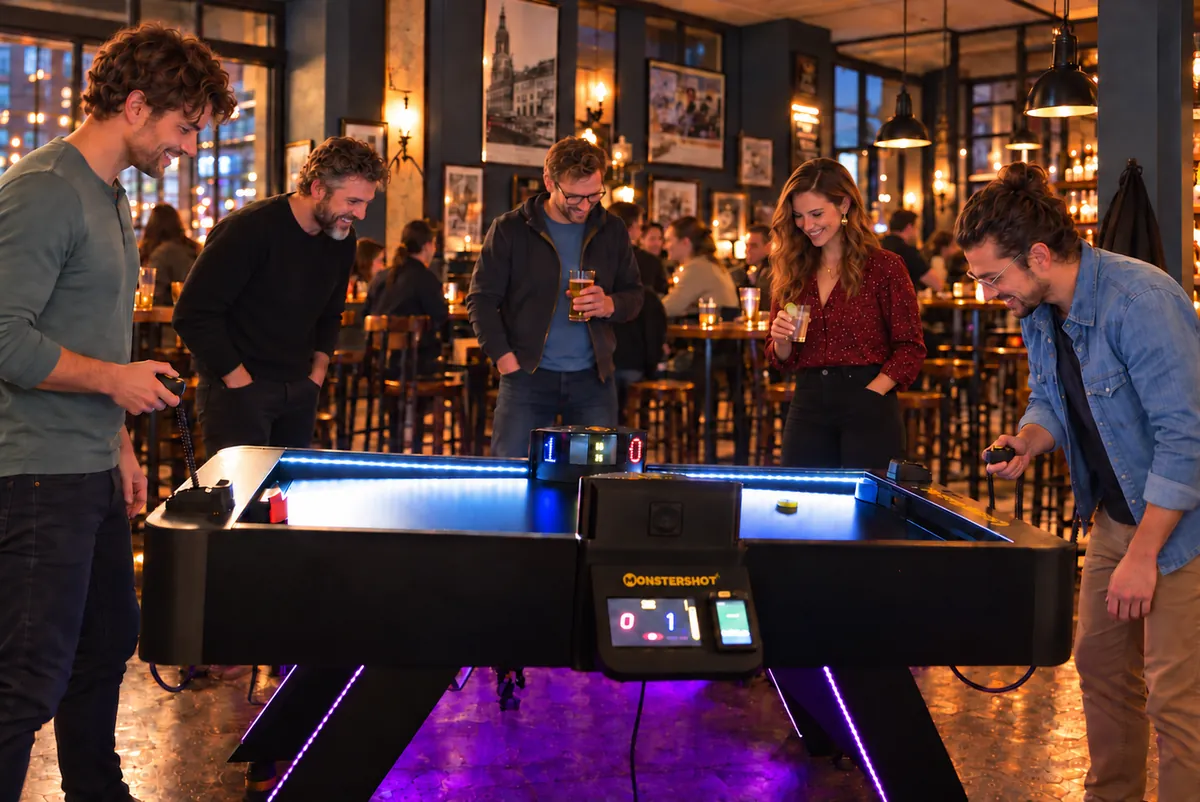 Gäste spielen Monstershot® in einer Bar, zwei Spieler mit Controllern, Freunde schauen lachend zu