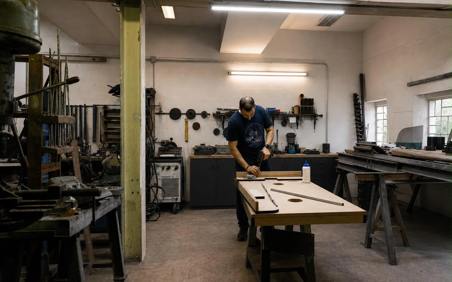 Blick in die Monstershot®-Werkstatt: Arbeit an einer Spielfeldplatte auf der Werkbank