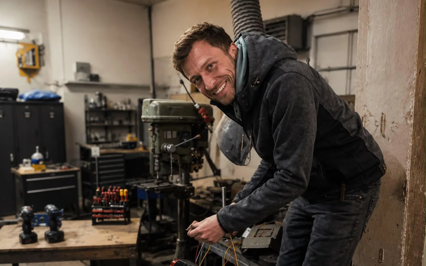 Arbeit an der Verkabelung eines Monstershot®-Tischs in der Werkstatt