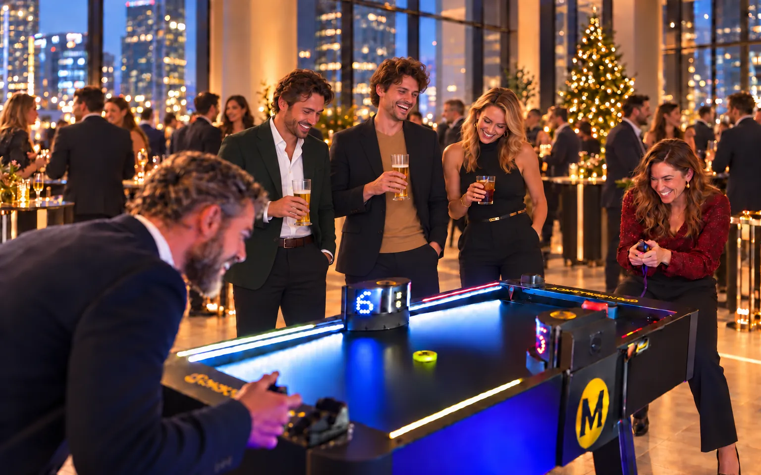 Kolleginnen und Kollegen spielen und lachen bei einer Weihnachtsfeier am Monstershot®-Spieltisch, im Hintergrund ein Weihnachtsbaum und die Lichter der Stadt
